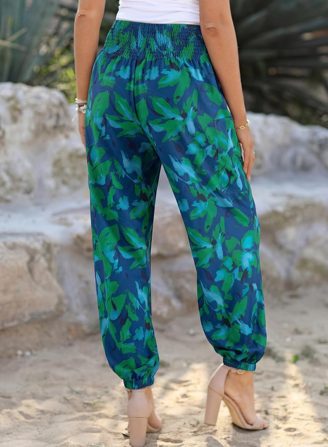 image:imageDokotoo Womens Fall Boho Business Casual Smocked 2026 High Waisted PantsGreen Floral