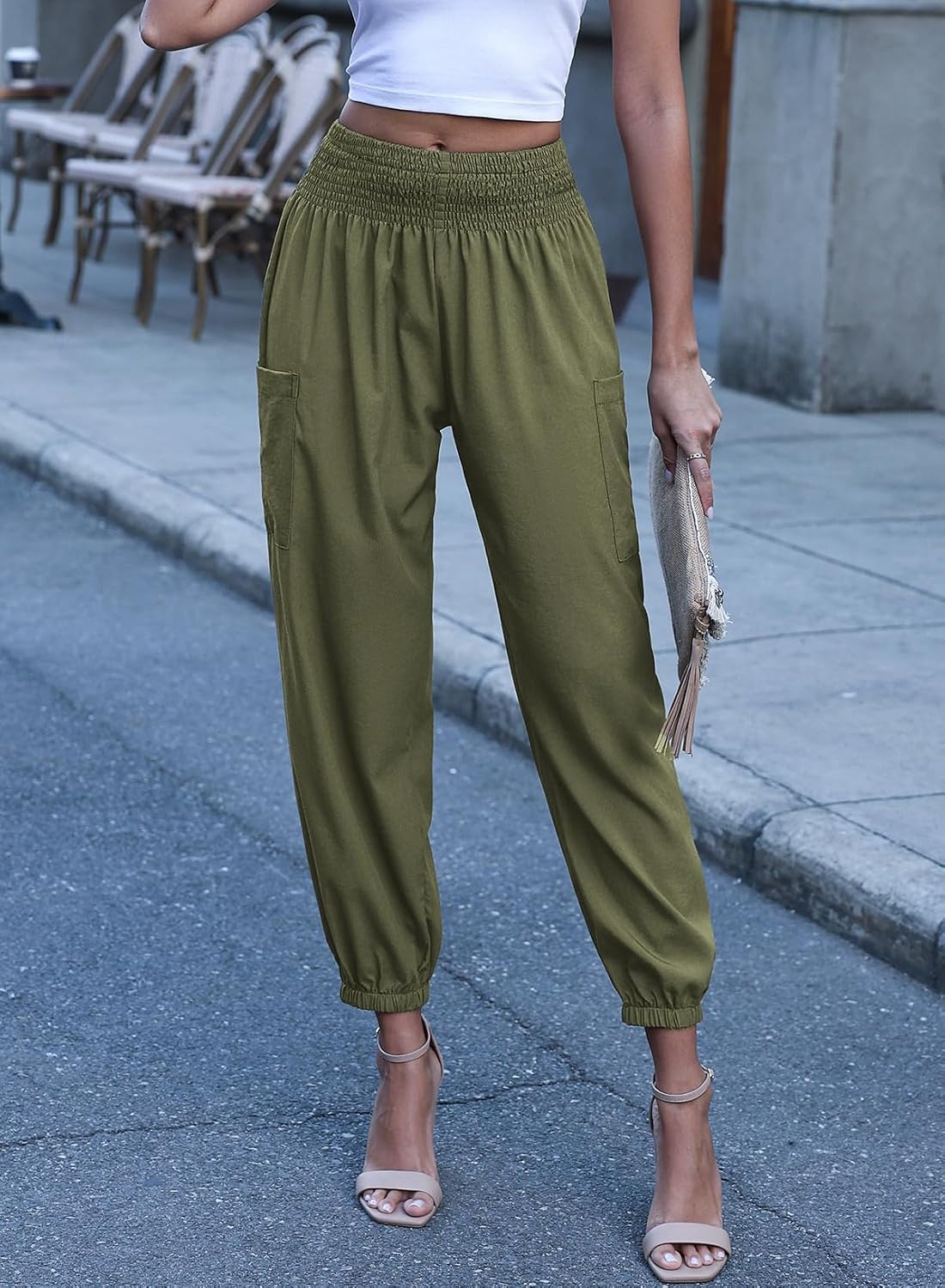 image:imageDokotoo Womens Fall Boho Business Casual Smocked 2026 High Waisted PantsJungle Green