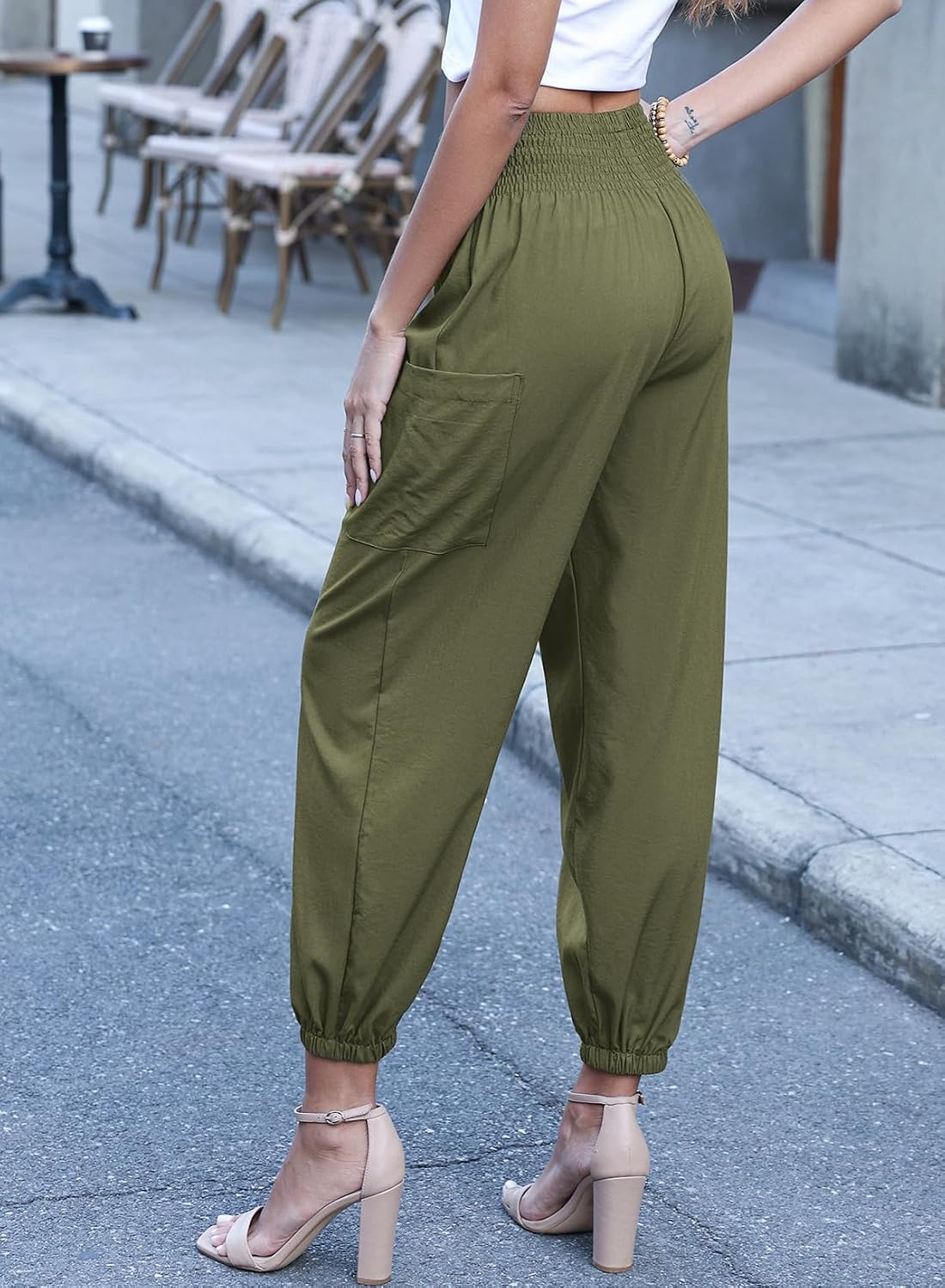 image:imageDokotoo Womens Fall Boho Business Casual Smocked 2026 High Waisted PantsJungle Green