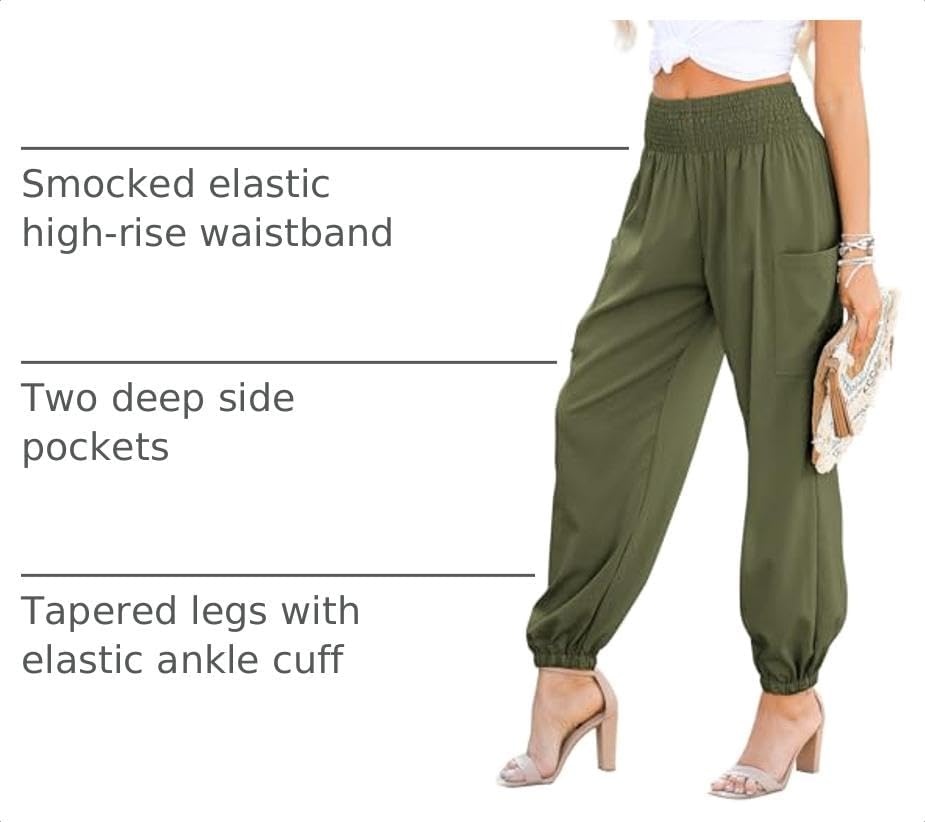 image:imageDokotoo Womens Fall Boho Business Casual Smocked 2026 High Waisted PantsJungle Green