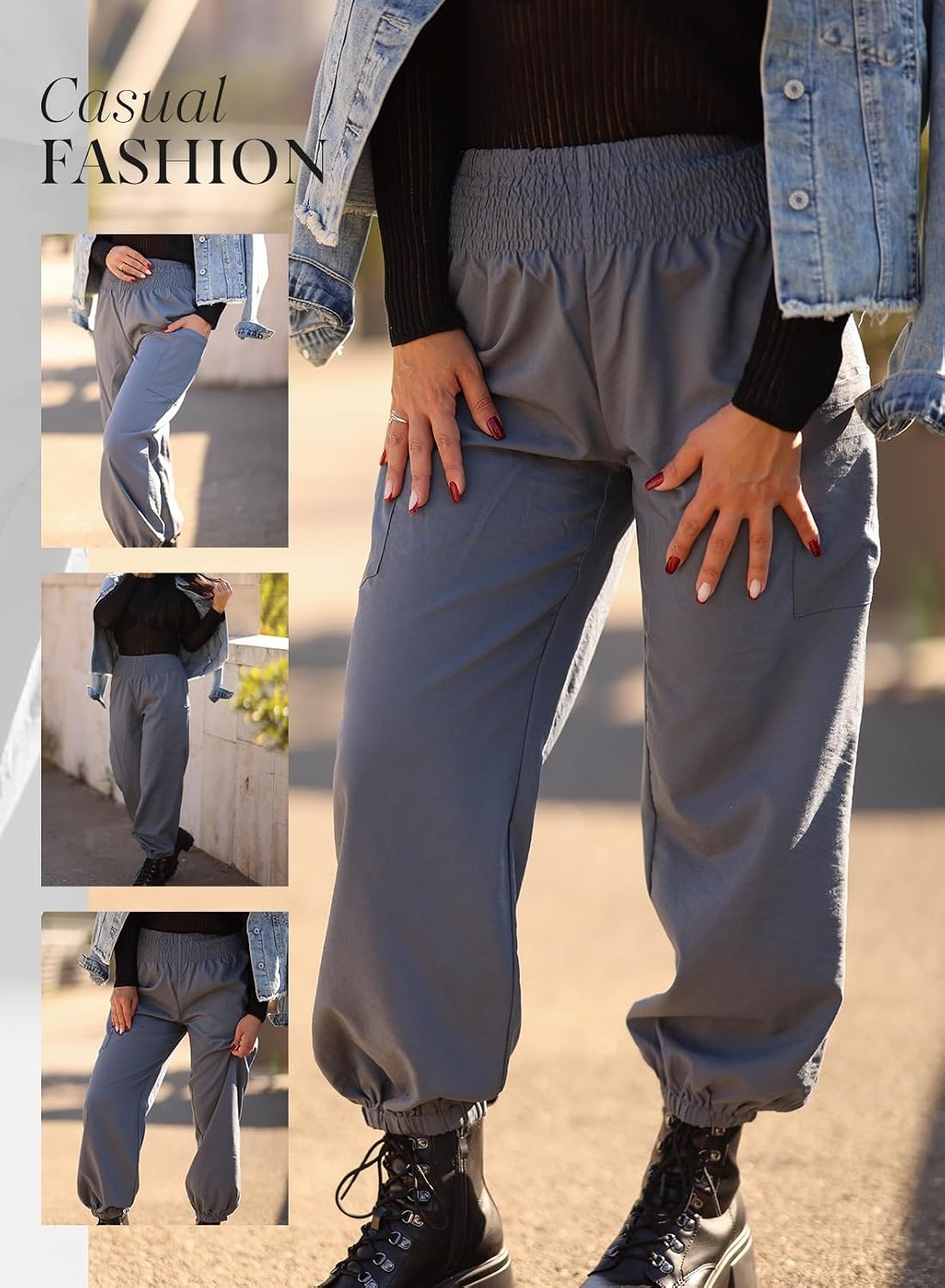image:imageDokotoo Womens Fall Boho Business Casual Smocked 2026 High Waisted PantsMedium Grey
