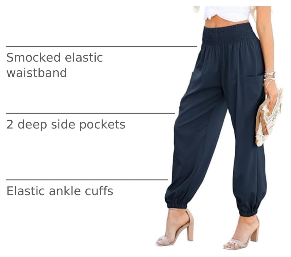 image:imageDokotoo Womens Fall Boho Business Casual Smocked 2026 High Waisted PantsNavy Blue