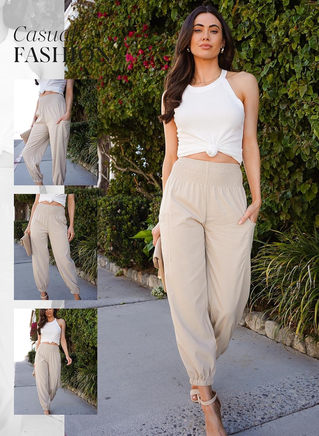 image:imageDokotoo Womens Fall Boho Business Casual Smocked 2026 High Waisted PantsPale Khaki