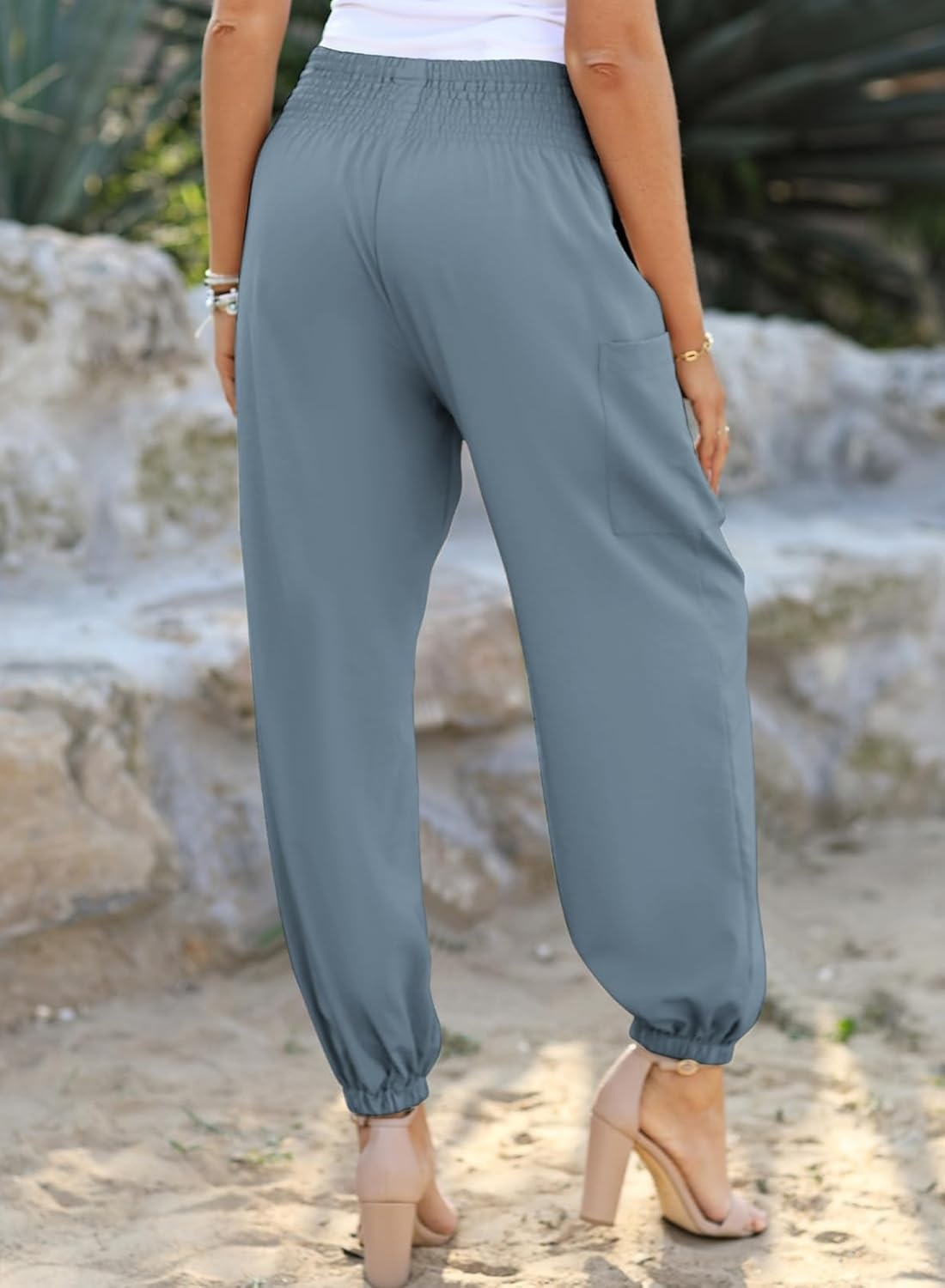 image:imageDokotoo Womens Fall Boho Business Casual Smocked 2026 High Waisted PantsStone Blue