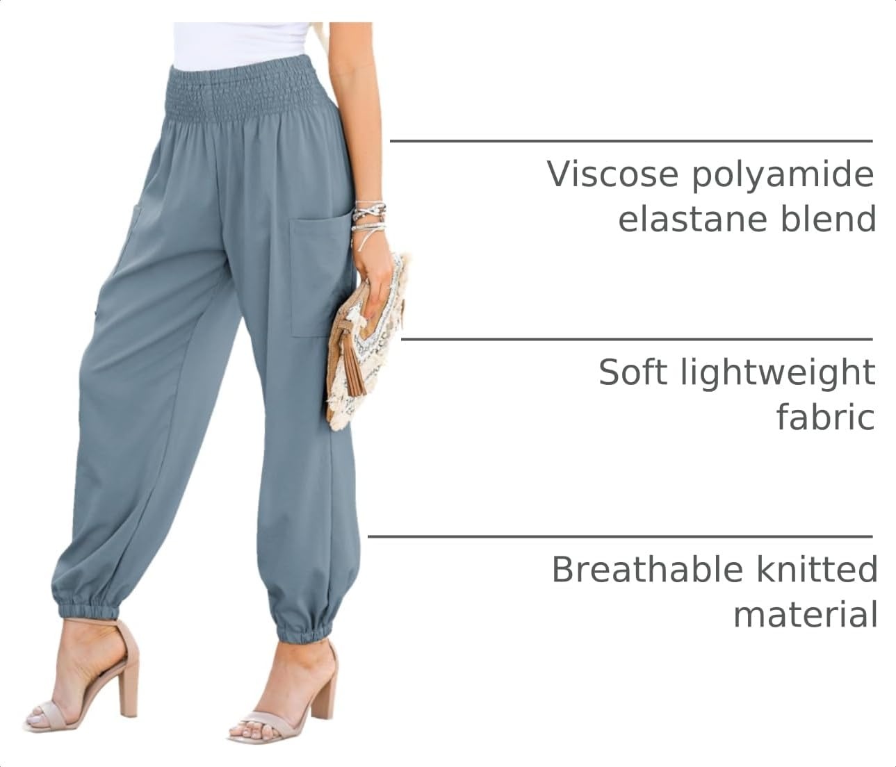 image:imageDokotoo Womens Fall Boho Business Casual Smocked 2026 High Waisted PantsStone Blue