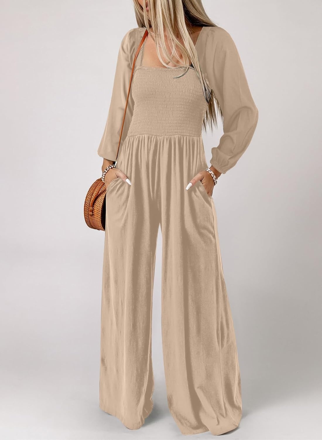 image:imageDokotoo Womens Jumpsuits One Piece Long Sleeve Wide Leg Long Pant RompersApricot