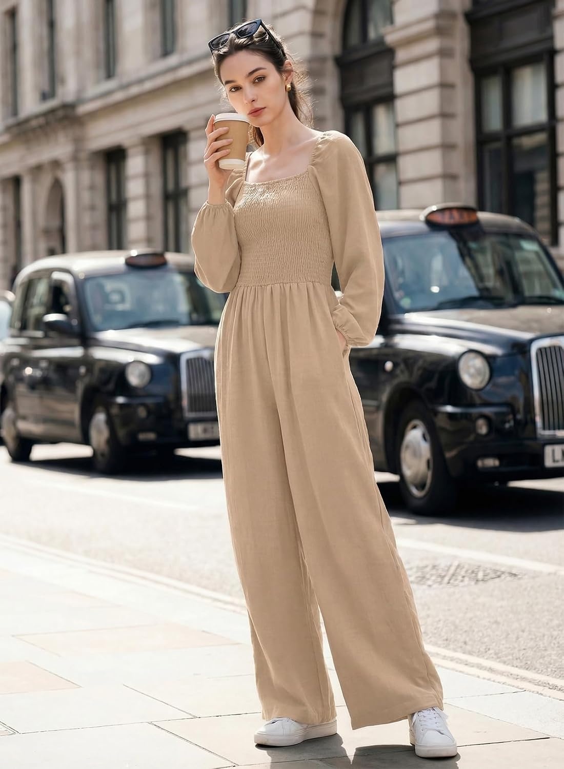 image:imageDokotoo Womens Jumpsuits One Piece Long Sleeve Wide Leg Long Pant RompersApricot