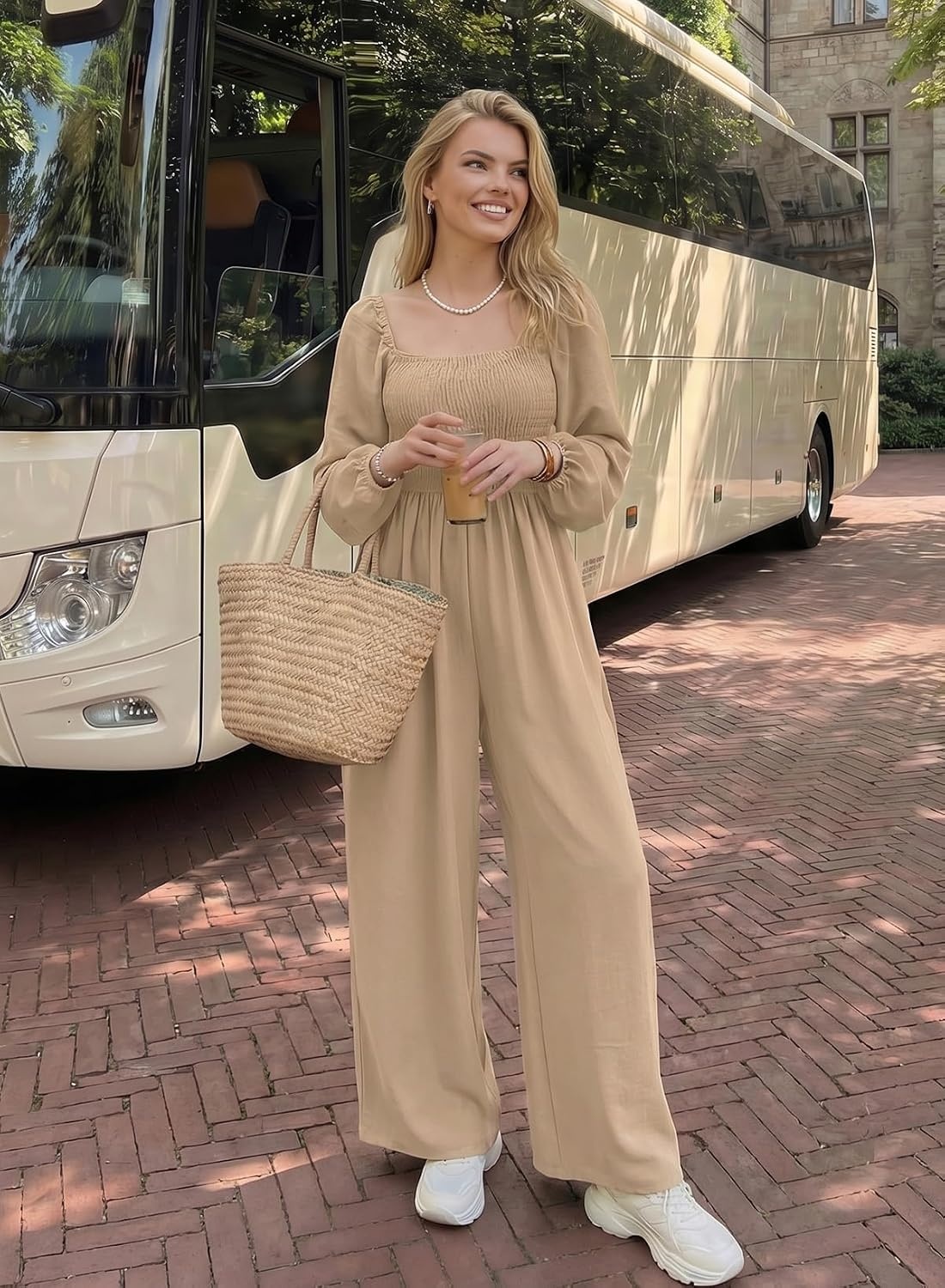 image:imageDokotoo Womens Jumpsuits One Piece Long Sleeve Wide Leg Long Pant RompersApricot