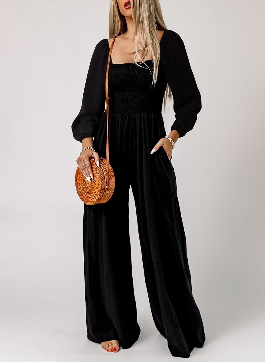 image:imageDokotoo Womens Jumpsuits One Piece Long Sleeve Wide Leg Long Pant RompersBlack