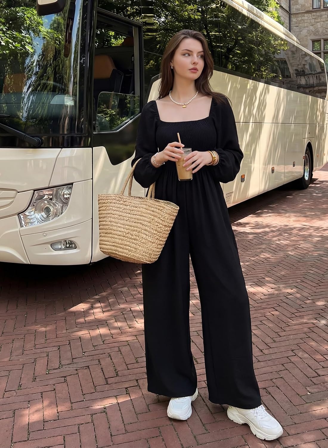image:imageDokotoo Womens Jumpsuits One Piece Long Sleeve Wide Leg Long Pant RompersBlack