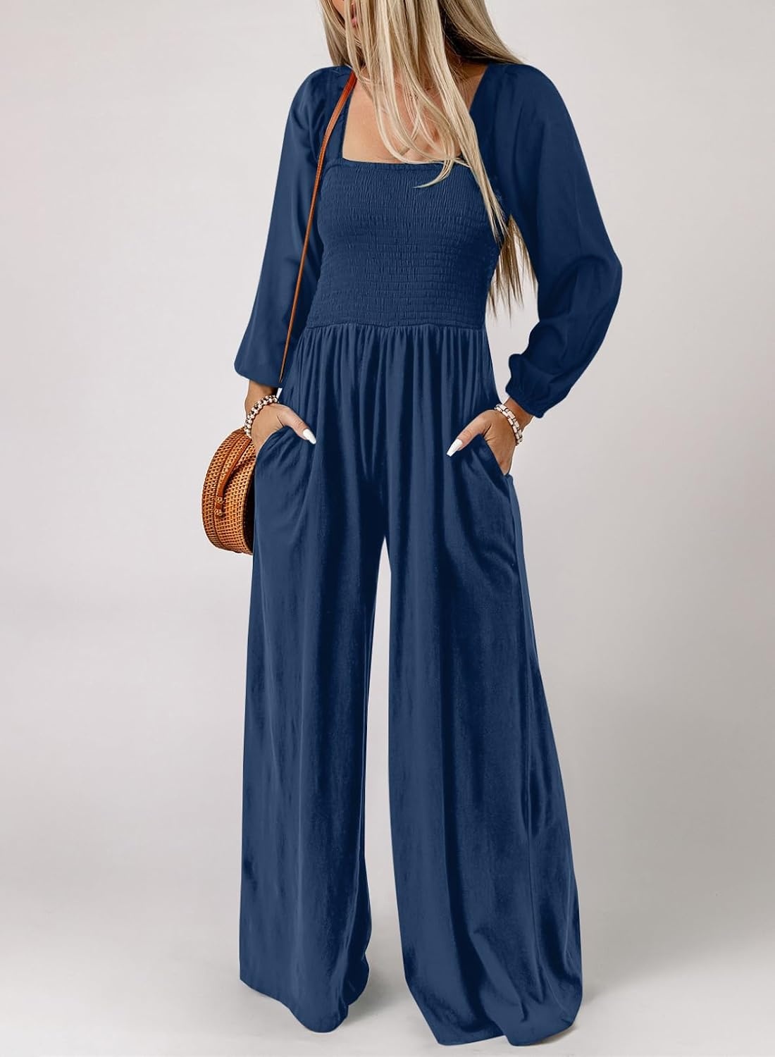 image:imageDokotoo Womens Jumpsuits One Piece Long Sleeve Wide Leg Long Pant RompersBlue