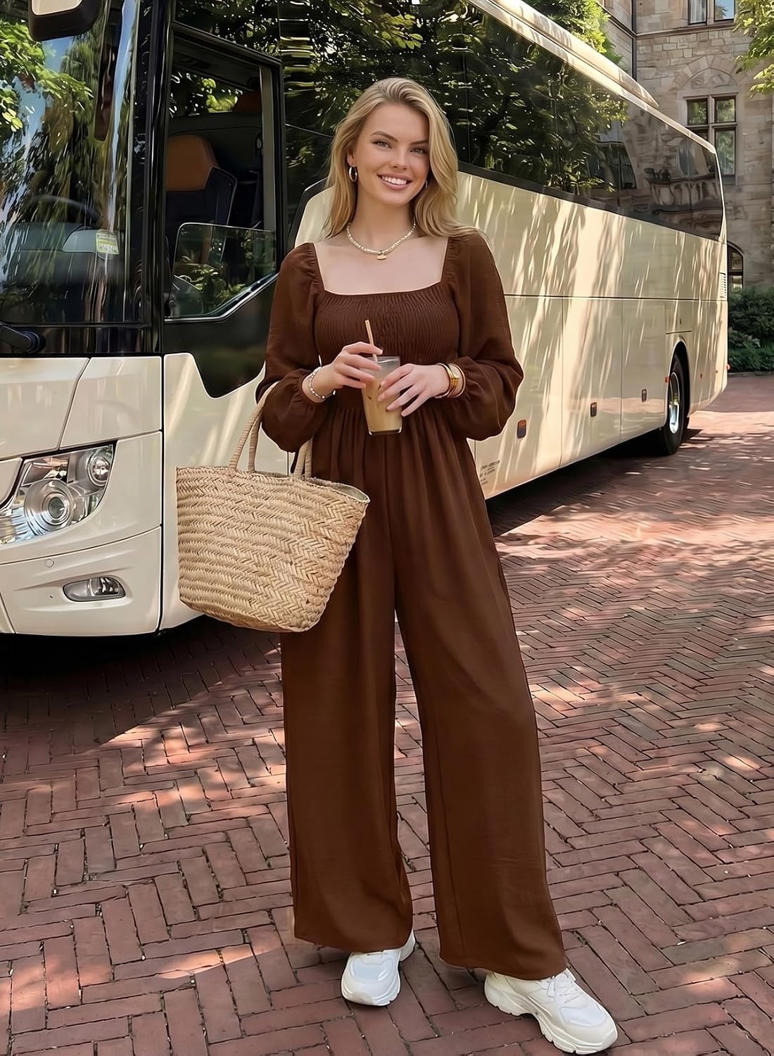 image:imageDokotoo Womens Jumpsuits One Piece Long Sleeve Wide Leg Long Pant RompersChestnut