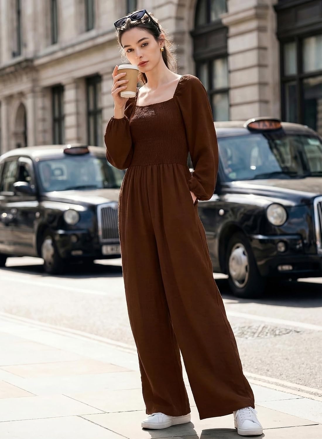 image:imageDokotoo Womens Jumpsuits One Piece Long Sleeve Wide Leg Long Pant RompersChestnut