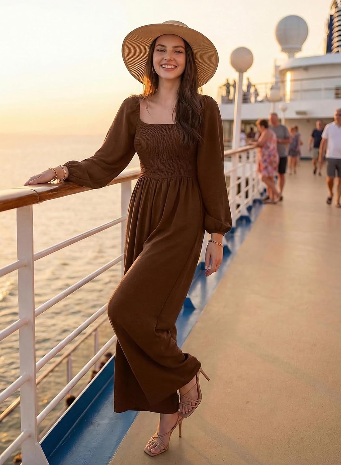 image:imageDokotoo Womens Jumpsuits One Piece Long Sleeve Wide Leg Long Pant RompersChestnut