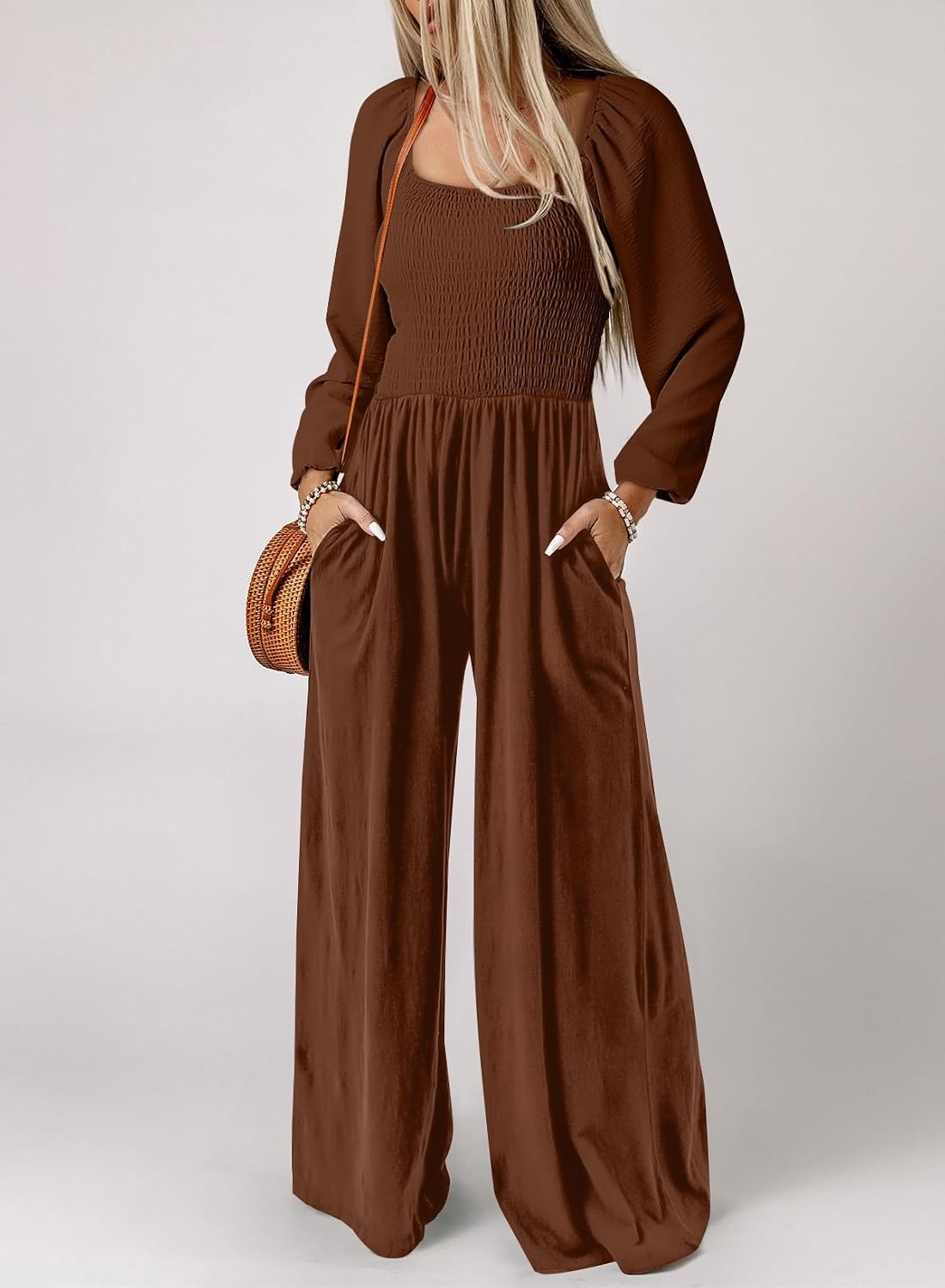 image:imageDokotoo Womens Jumpsuits One Piece Long Sleeve Wide Leg Long Pant RompersChestnut