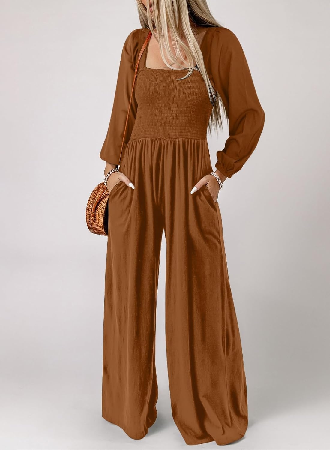 image:imageDokotoo Womens Jumpsuits One Piece Long Sleeve Wide Leg Long Pant RompersCoffee