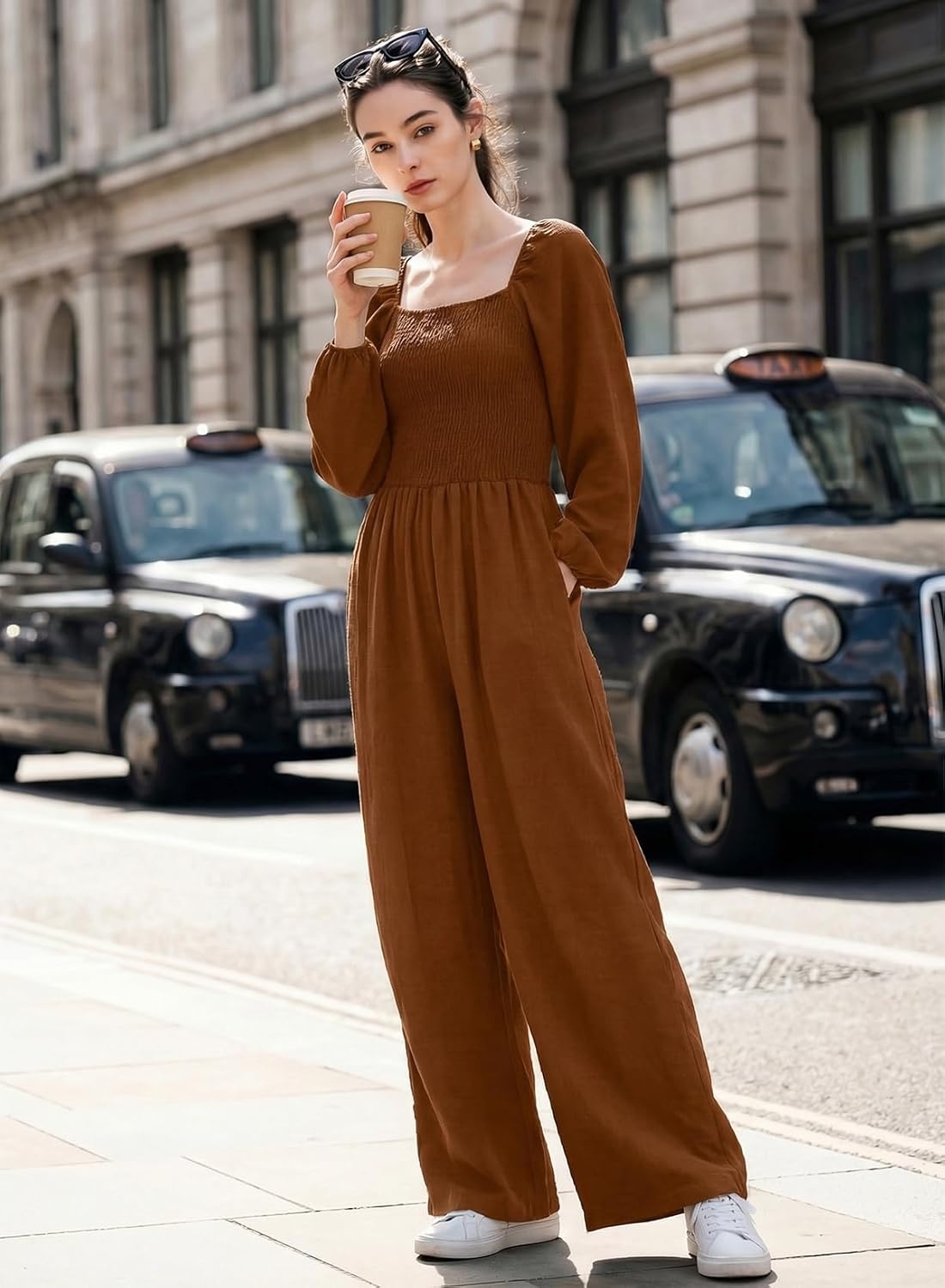 image:imageDokotoo Womens Jumpsuits One Piece Long Sleeve Wide Leg Long Pant RompersCoffee