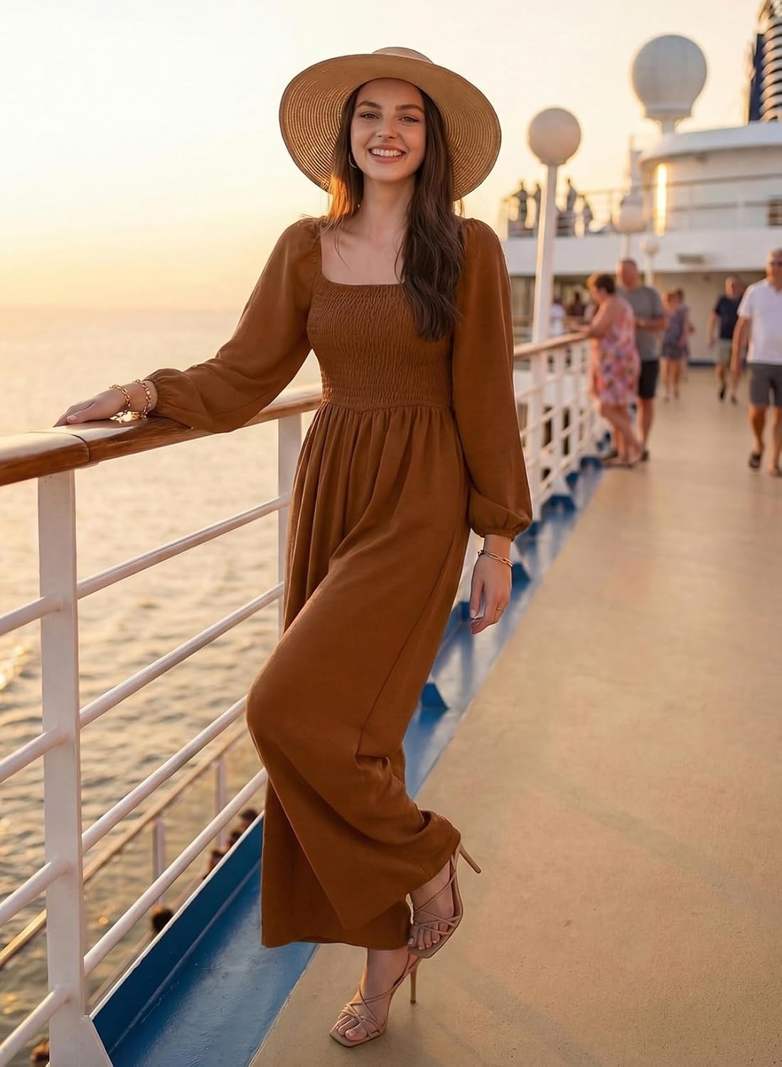 image:imageDokotoo Womens Jumpsuits One Piece Long Sleeve Wide Leg Long Pant RompersCoffee