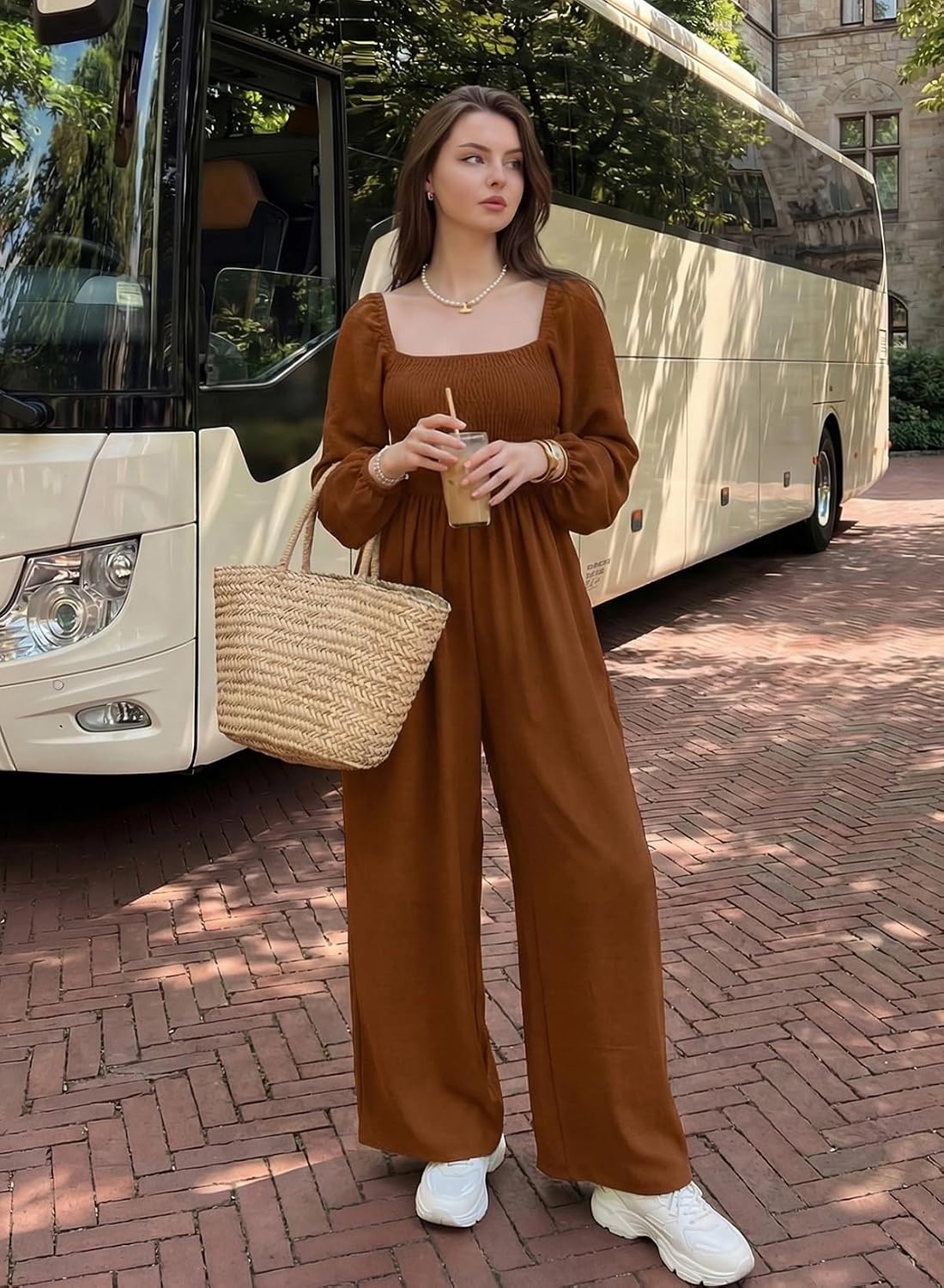 image:imageDokotoo Womens Jumpsuits One Piece Long Sleeve Wide Leg Long Pant RompersCoffee