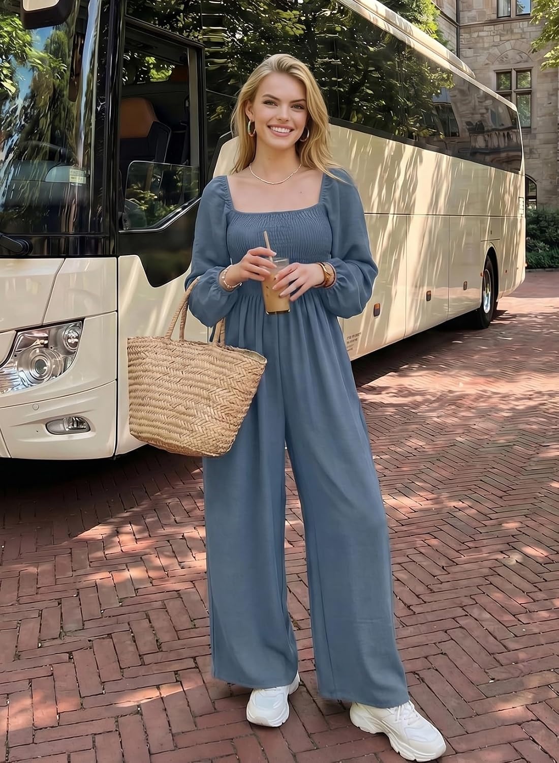 image:imageDokotoo Womens Jumpsuits One Piece Long Sleeve Wide Leg Long Pant RompersDusk Blue