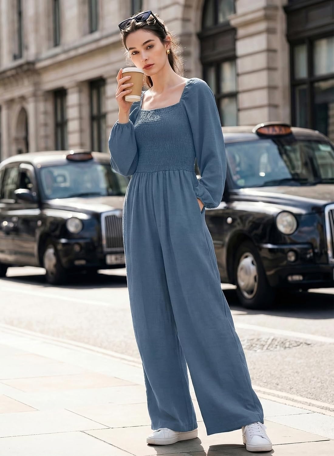 image:imageDokotoo Womens Jumpsuits One Piece Long Sleeve Wide Leg Long Pant RompersDusk Blue