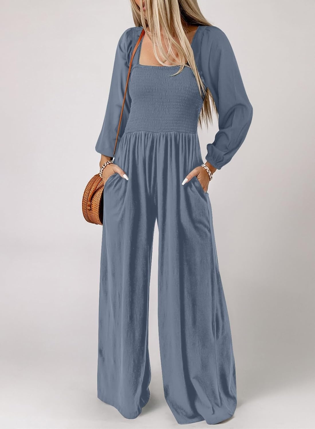 image:imageDokotoo Womens Jumpsuits One Piece Long Sleeve Wide Leg Long Pant RompersDusk Blue