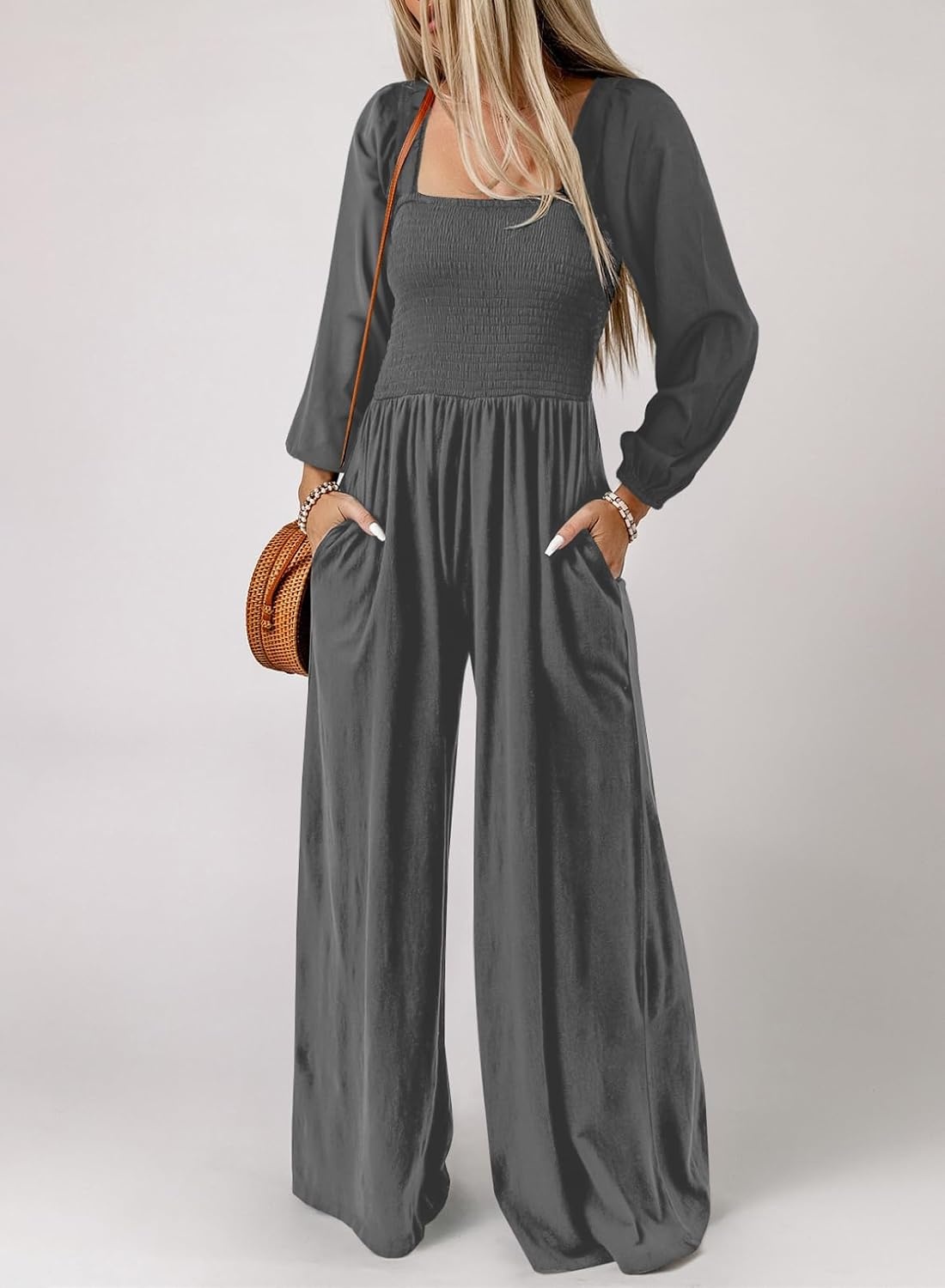 image:imageDokotoo Womens Jumpsuits One Piece Long Sleeve Wide Leg Long Pant RompersGray