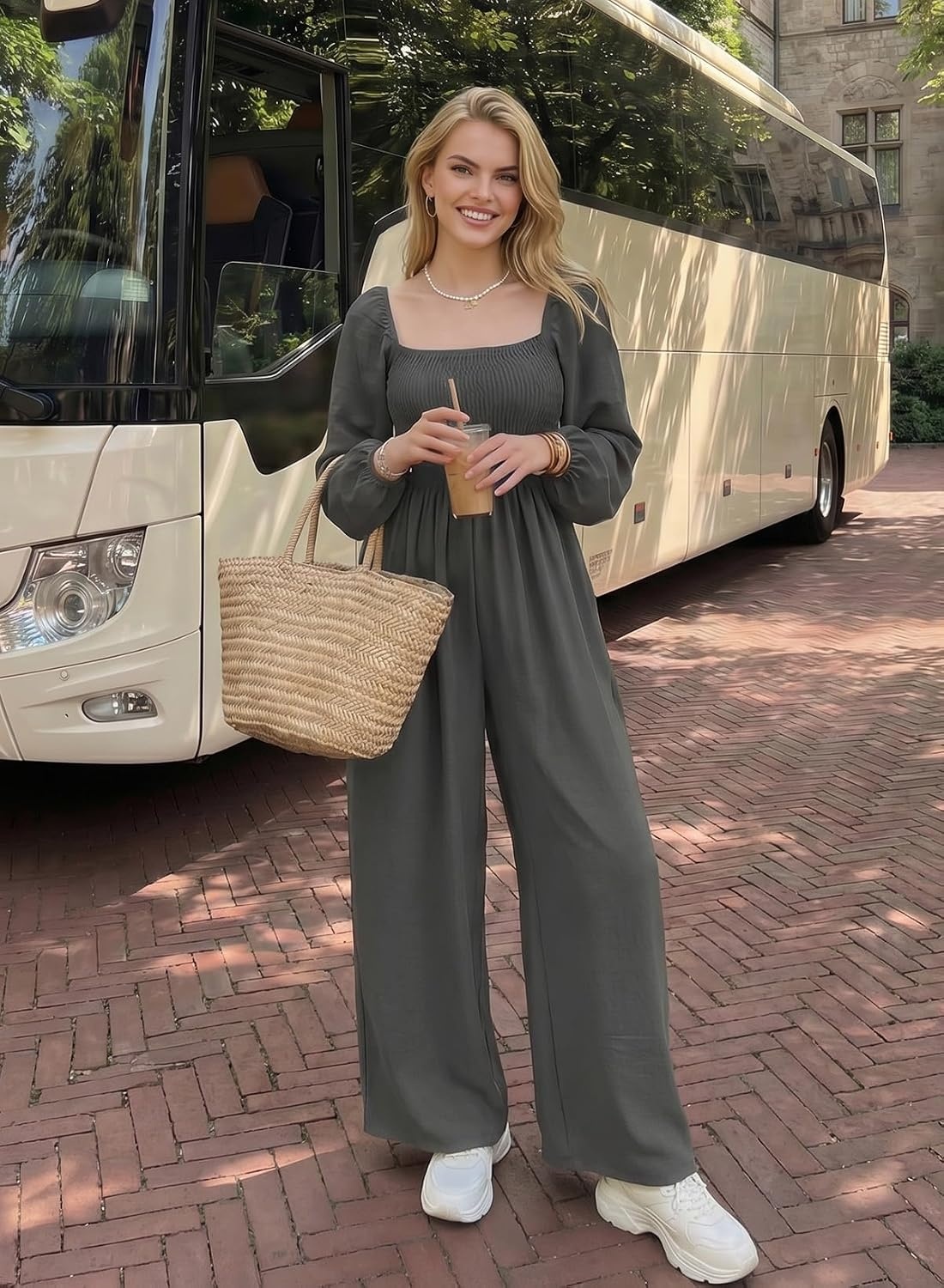 image:imageDokotoo Womens Jumpsuits One Piece Long Sleeve Wide Leg Long Pant RompersGray