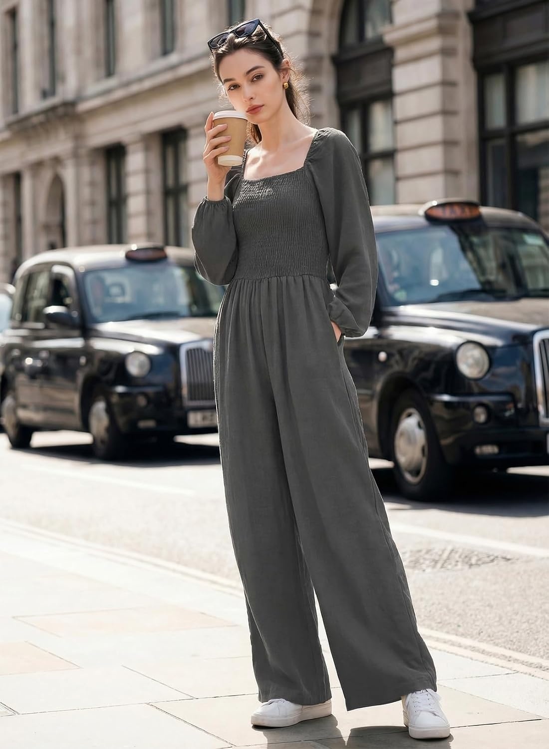 image:imageDokotoo Womens Jumpsuits One Piece Long Sleeve Wide Leg Long Pant RompersGray