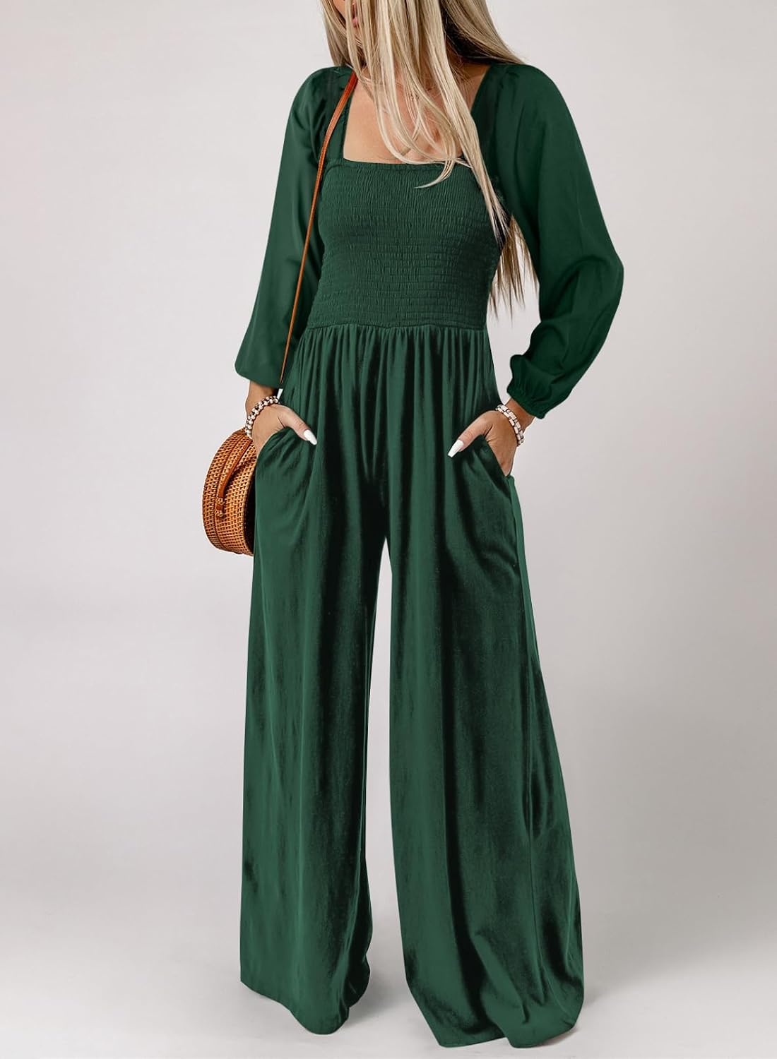 image:imageDokotoo Womens Jumpsuits One Piece Long Sleeve Wide Leg Long Pant RompersGreen