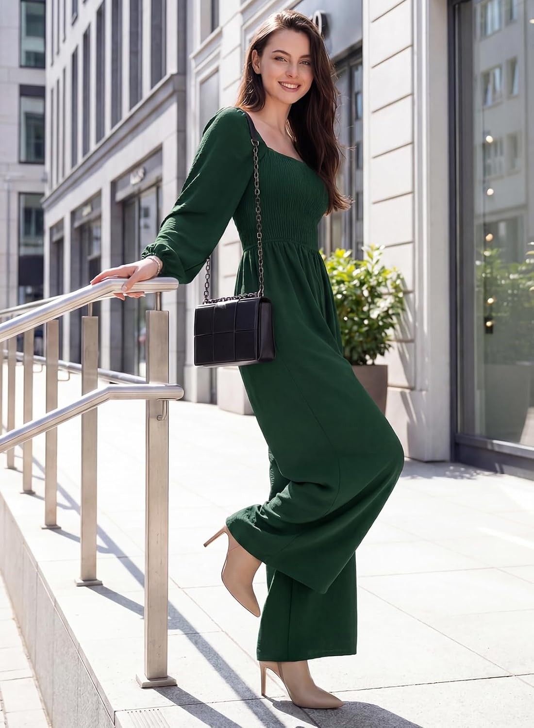 image:imageDokotoo Womens Jumpsuits One Piece Long Sleeve Wide Leg Long Pant RompersGreen
