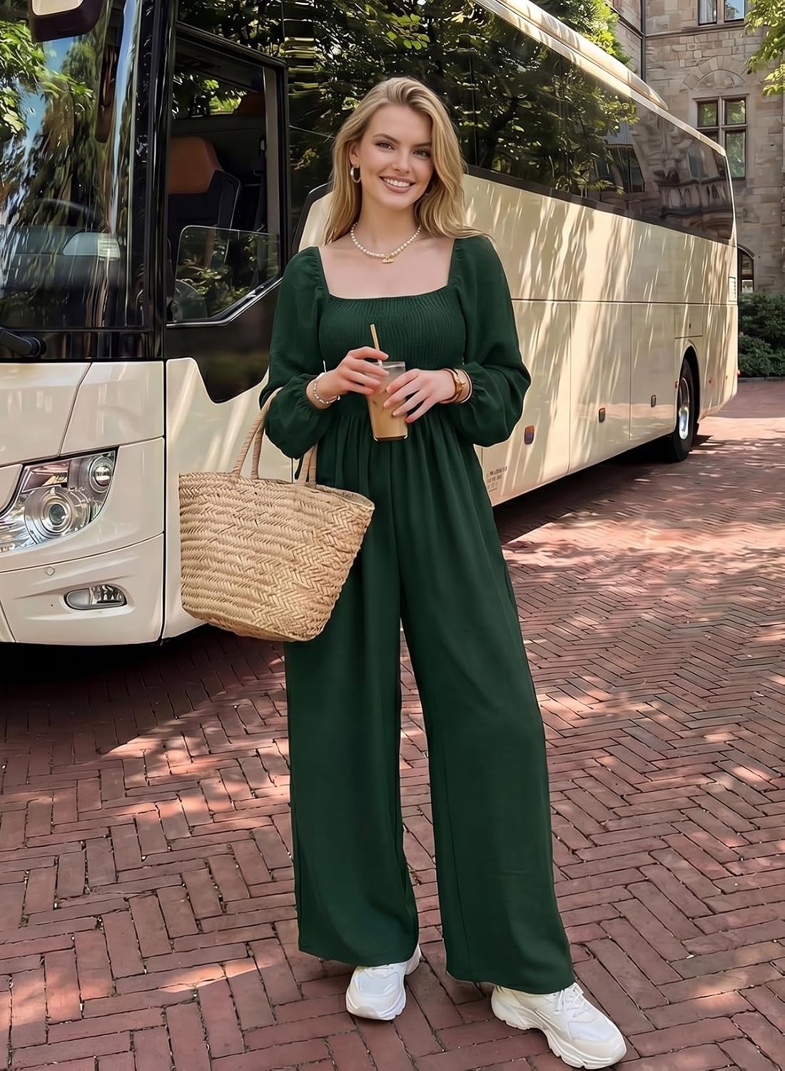 image:imageDokotoo Womens Jumpsuits One Piece Long Sleeve Wide Leg Long Pant RompersGreen