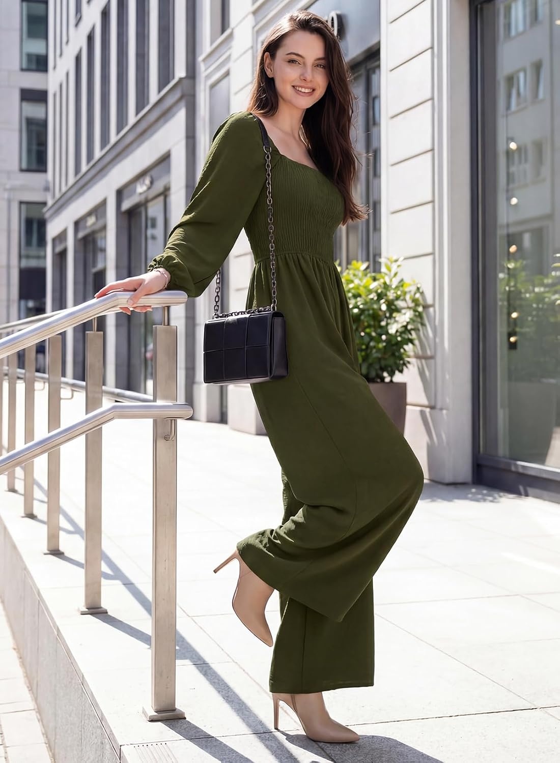 image:imageDokotoo Womens Jumpsuits One Piece Long Sleeve Wide Leg Long Pant RompersJungle Green