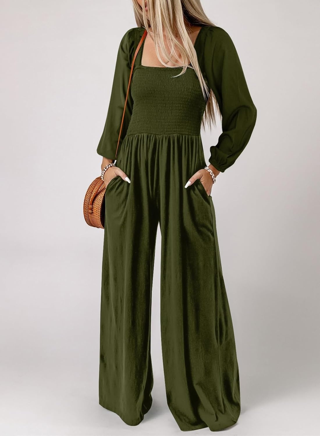 image:imageDokotoo Womens Jumpsuits One Piece Long Sleeve Wide Leg Long Pant RompersJungle Green
