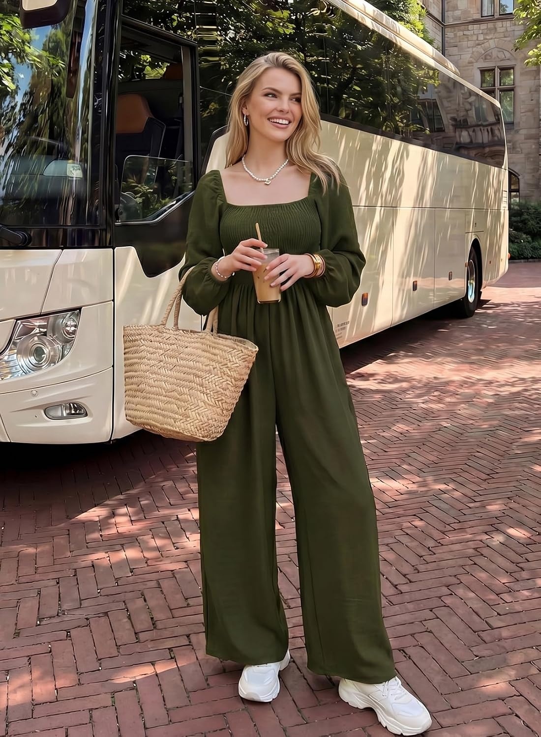 image:imageDokotoo Womens Jumpsuits One Piece Long Sleeve Wide Leg Long Pant RompersJungle Green