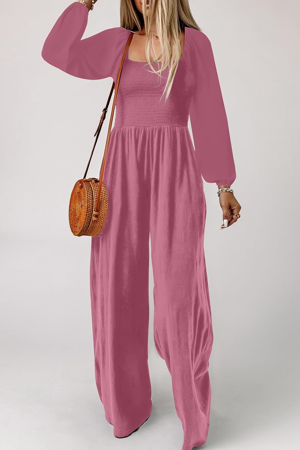 image:imageDokotoo Womens Jumpsuits One Piece Long Sleeve Wide Leg Long Pant RompersPeach Blossom