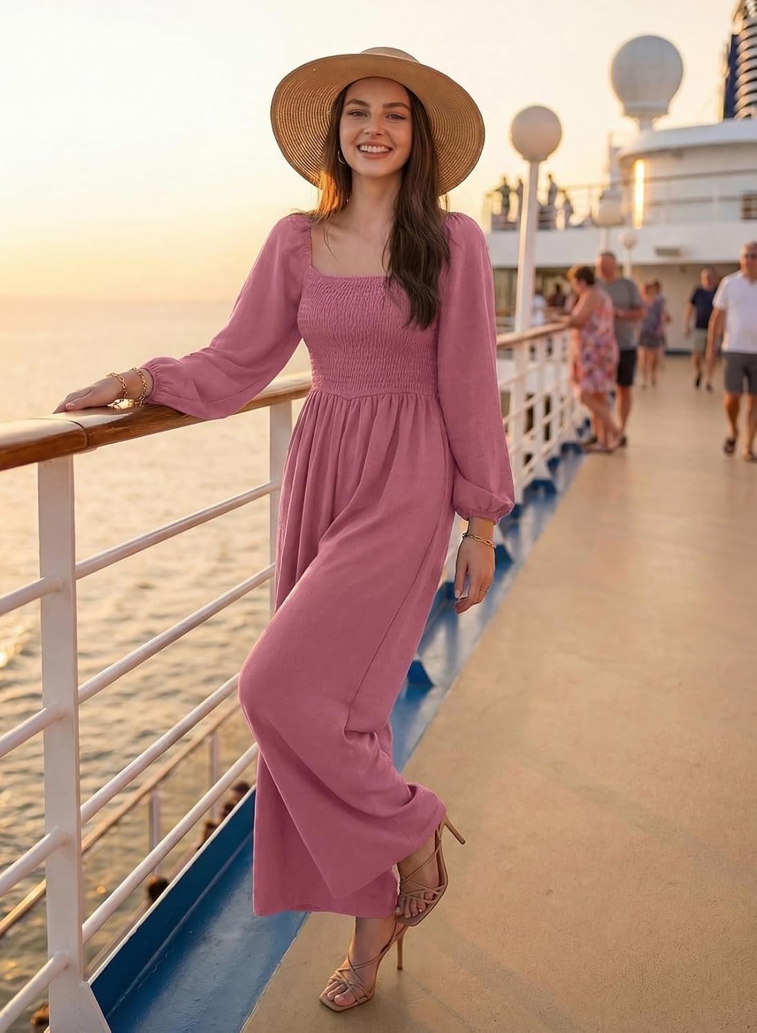 image:imageDokotoo Womens Jumpsuits One Piece Long Sleeve Wide Leg Long Pant RompersPeach Blossom