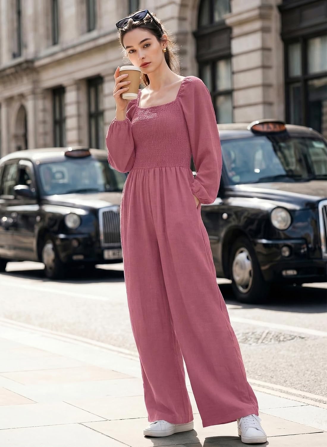 image:imageDokotoo Womens Jumpsuits One Piece Long Sleeve Wide Leg Long Pant RompersPeach Blossom