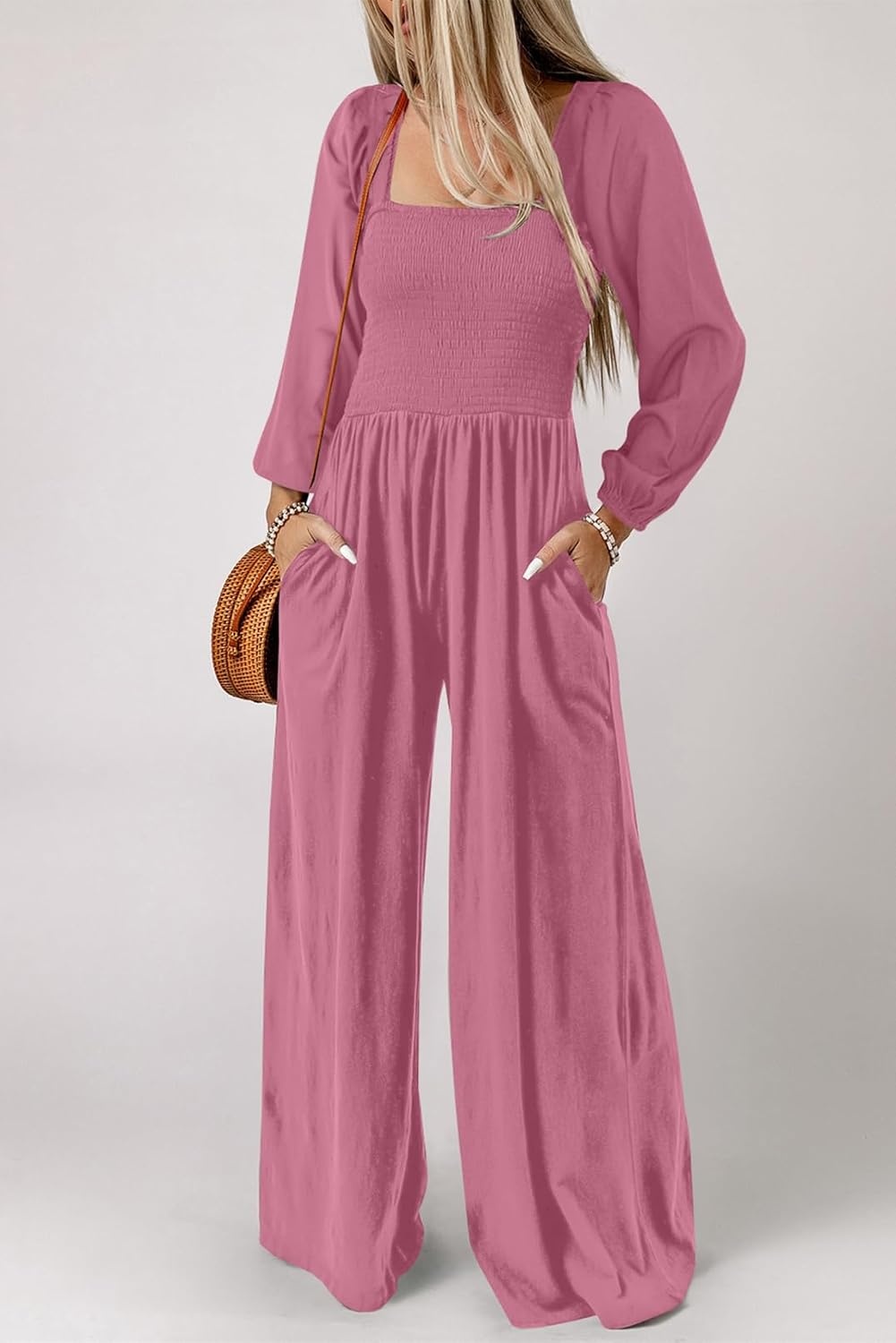 image:imageDokotoo Womens Jumpsuits One Piece Long Sleeve Wide Leg Long Pant RompersPeach Blossom