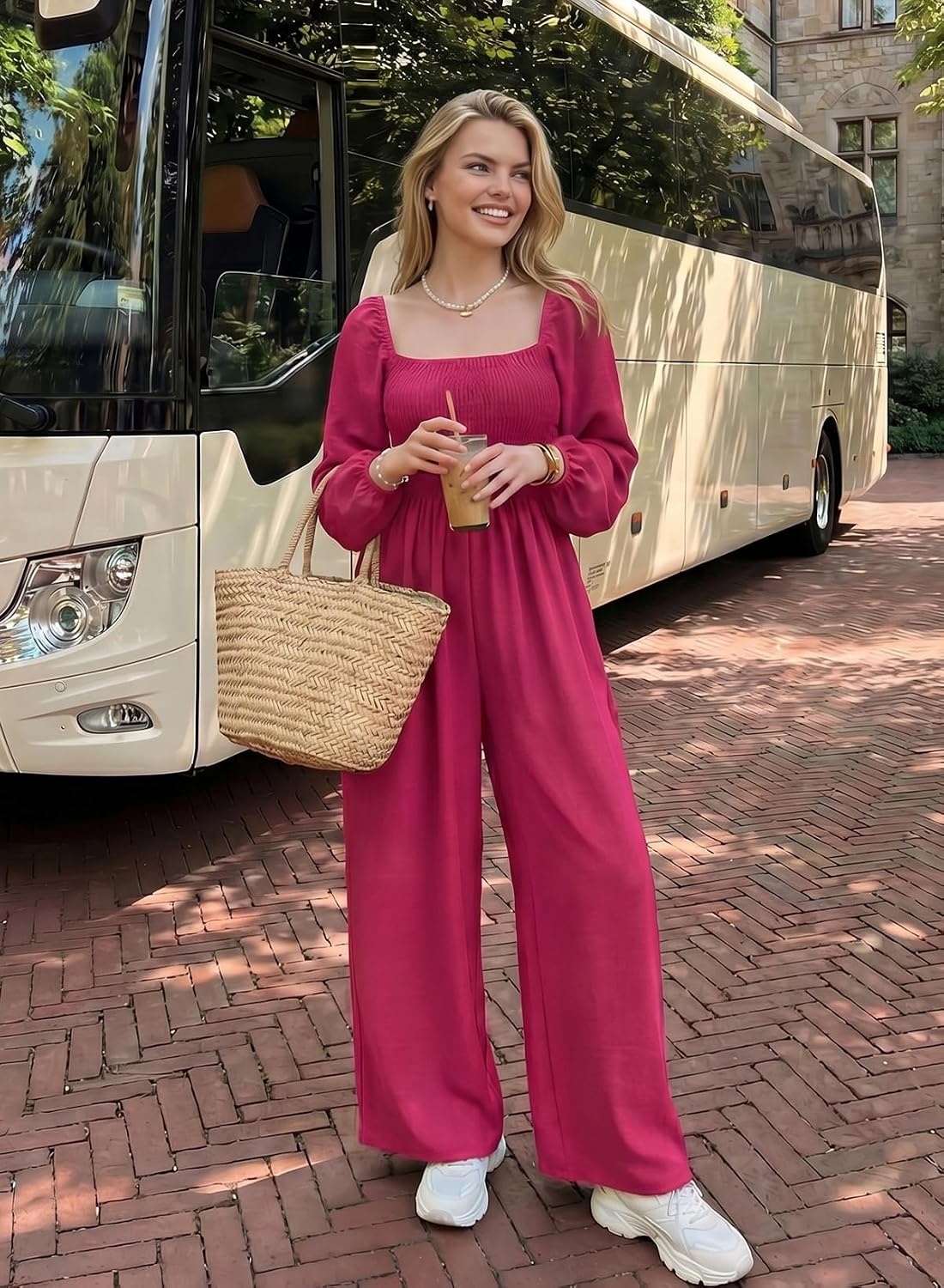 image:imageDokotoo Womens Jumpsuits One Piece Long Sleeve Wide Leg Long Pant RompersPeach Blossom