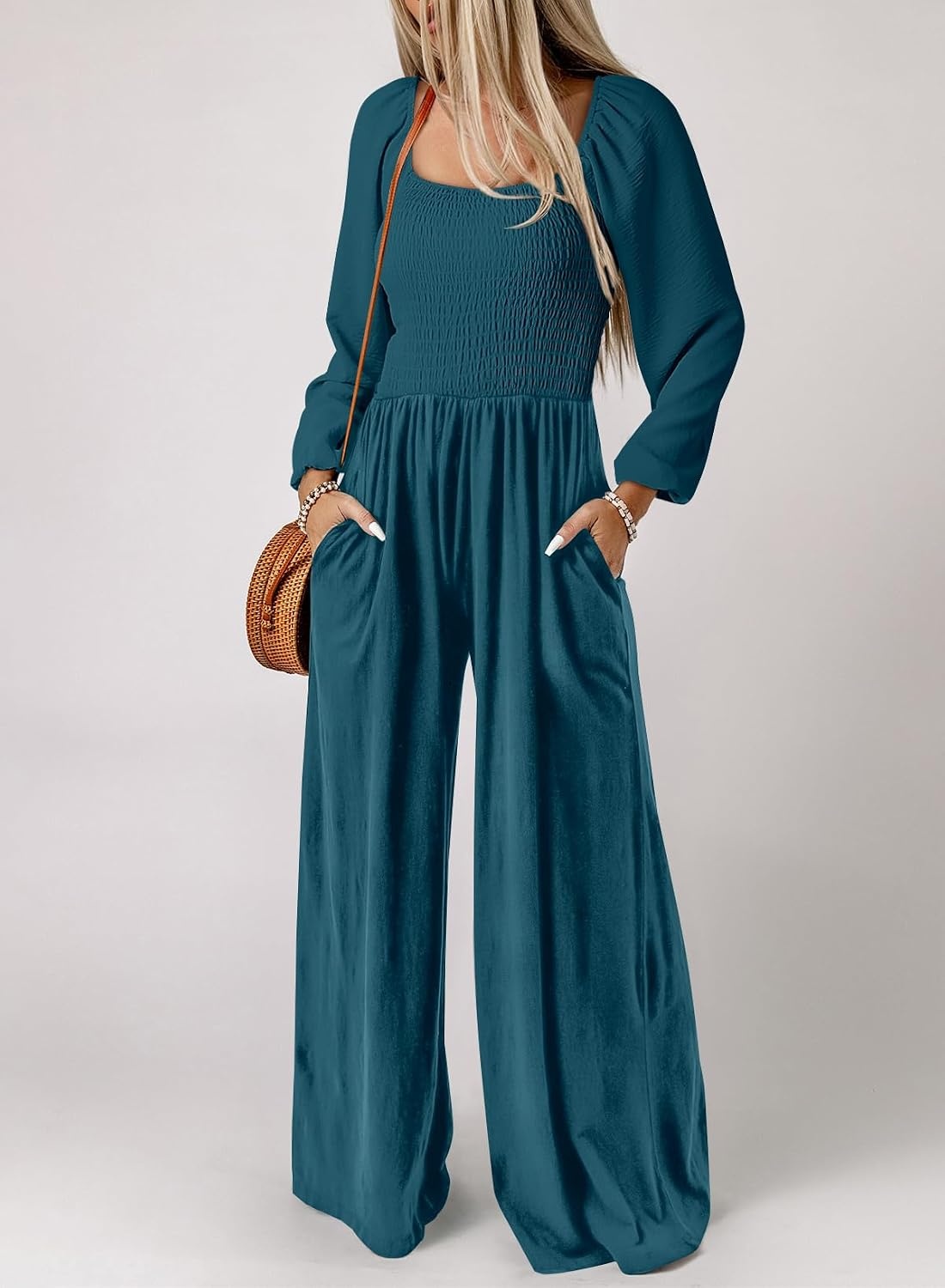 image:imageDokotoo Womens Jumpsuits One Piece Long Sleeve Wide Leg Long Pant RompersPrussian Blue