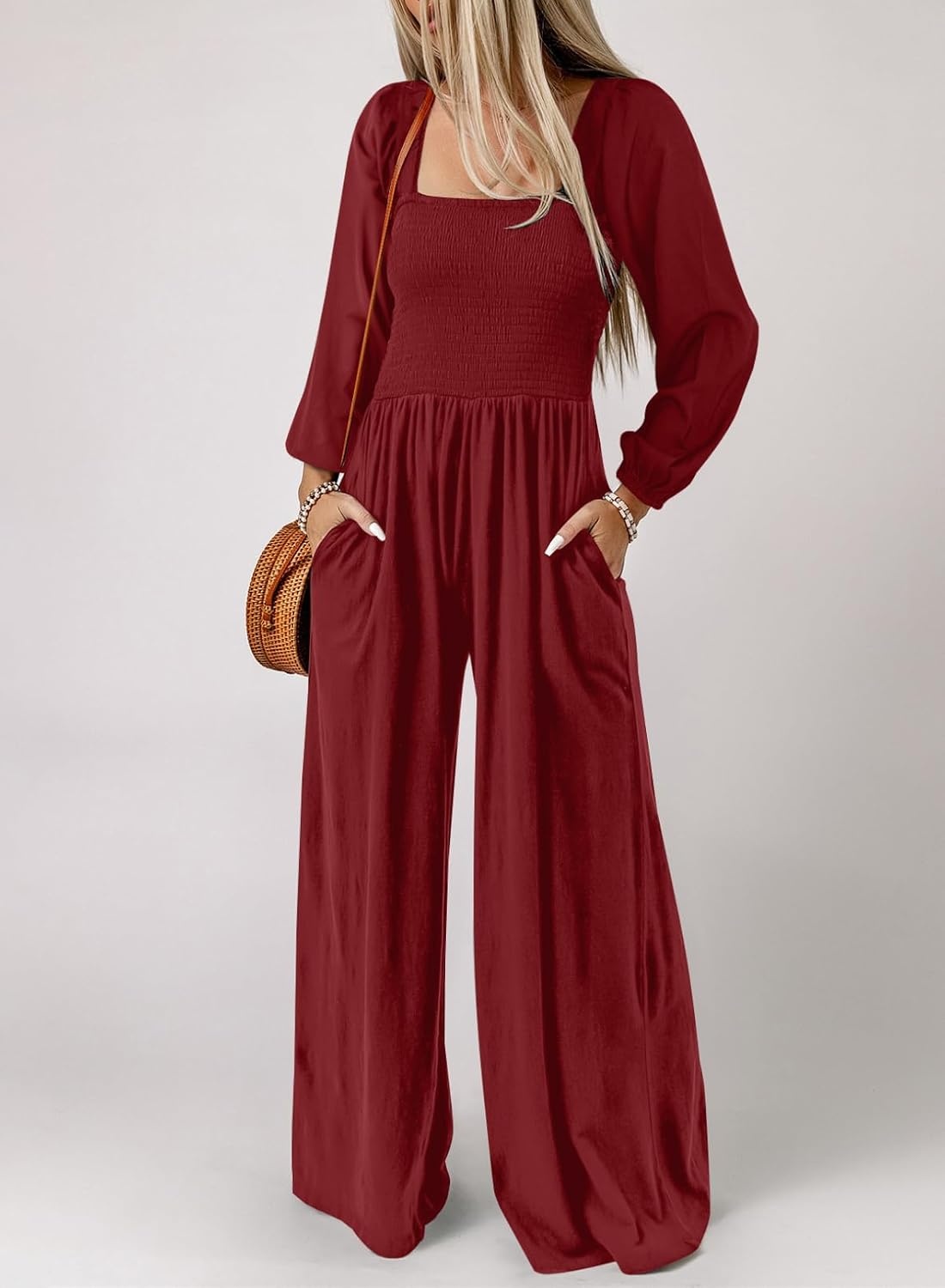 image:imageDokotoo Womens Jumpsuits One Piece Long Sleeve Wide Leg Long Pant RompersRed