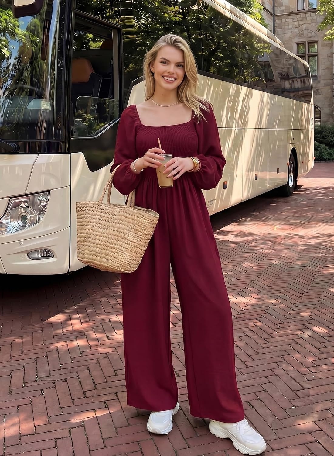 image:imageDokotoo Womens Jumpsuits One Piece Long Sleeve Wide Leg Long Pant RompersRed