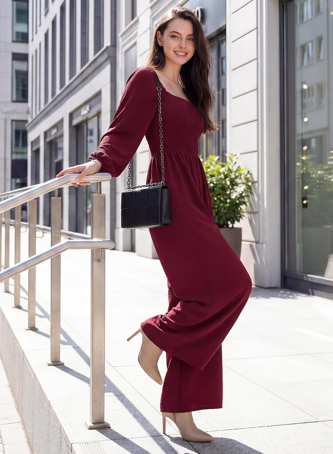 image:imageDokotoo Womens Jumpsuits One Piece Long Sleeve Wide Leg Long Pant RompersRed