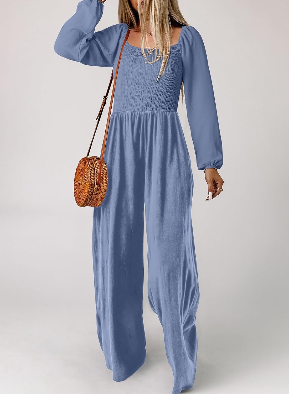 image:imageDokotoo Womens Jumpsuits One Piece Long Sleeve Wide Leg Long Pant RompersSky Blue