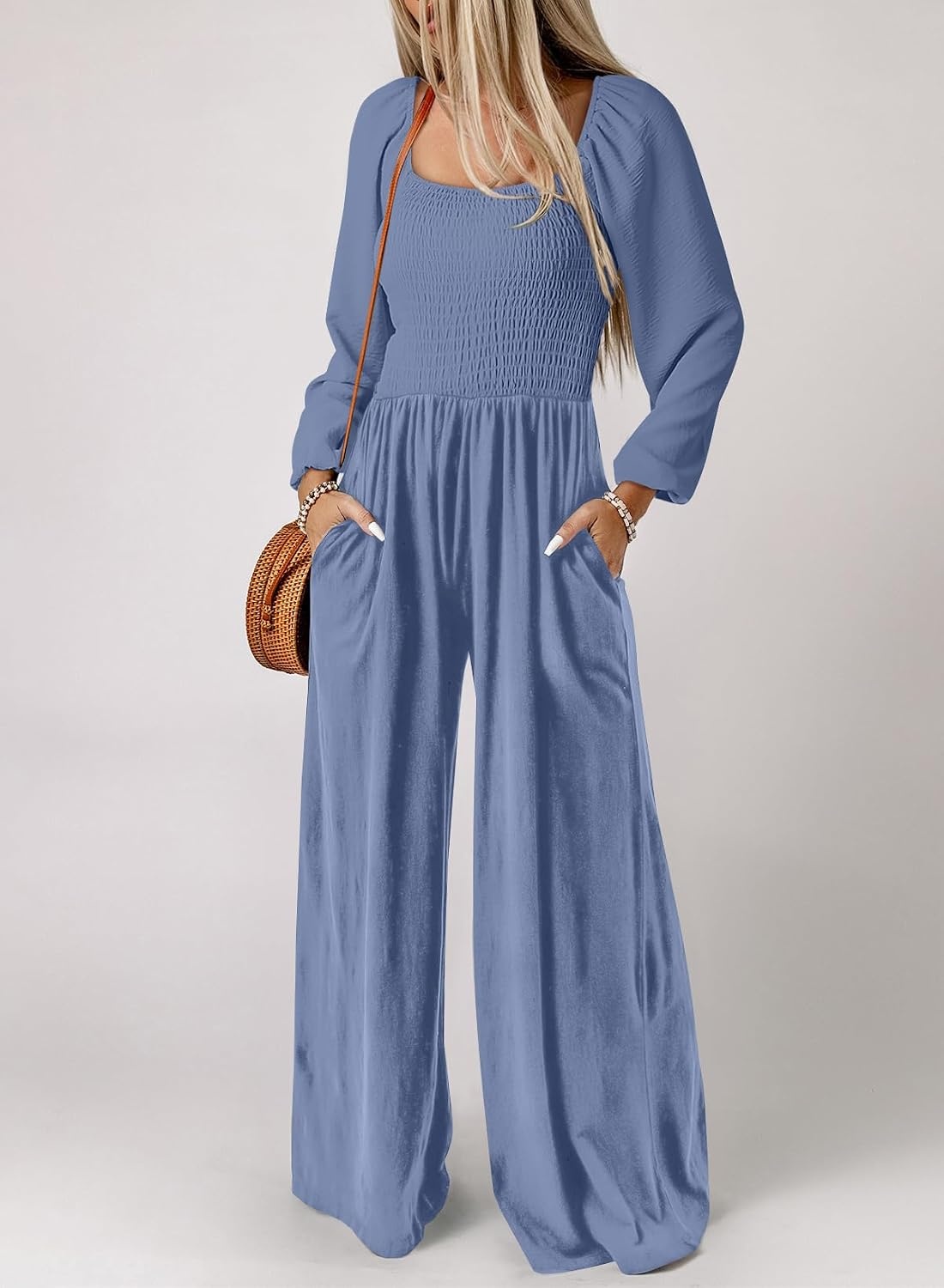 image:imageDokotoo Womens Jumpsuits One Piece Long Sleeve Wide Leg Long Pant RompersSky Blue