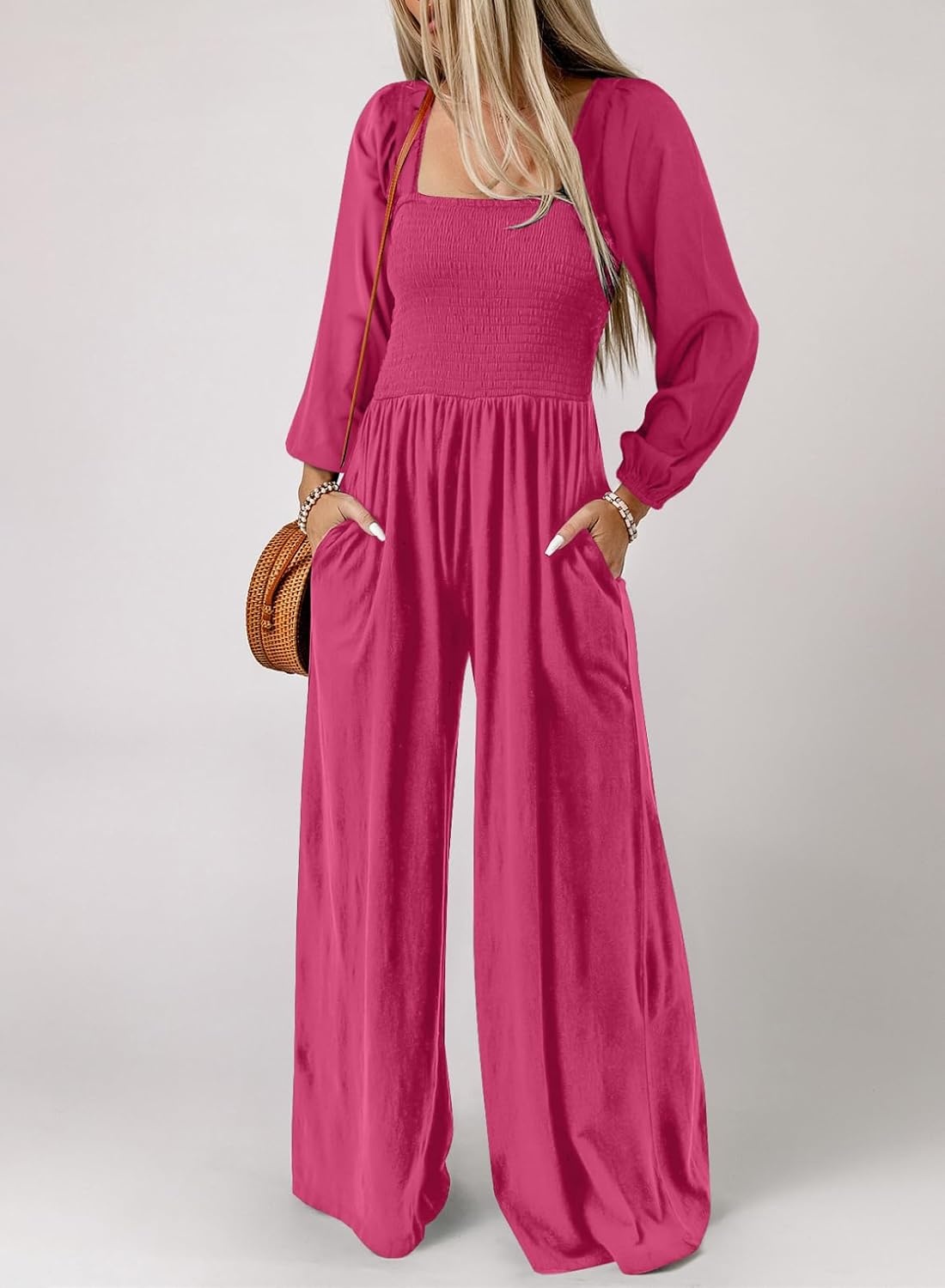 image:imageDokotoo Womens Jumpsuits One Piece Long Sleeve Wide Leg Long Pant RompersStrawberry Pink
