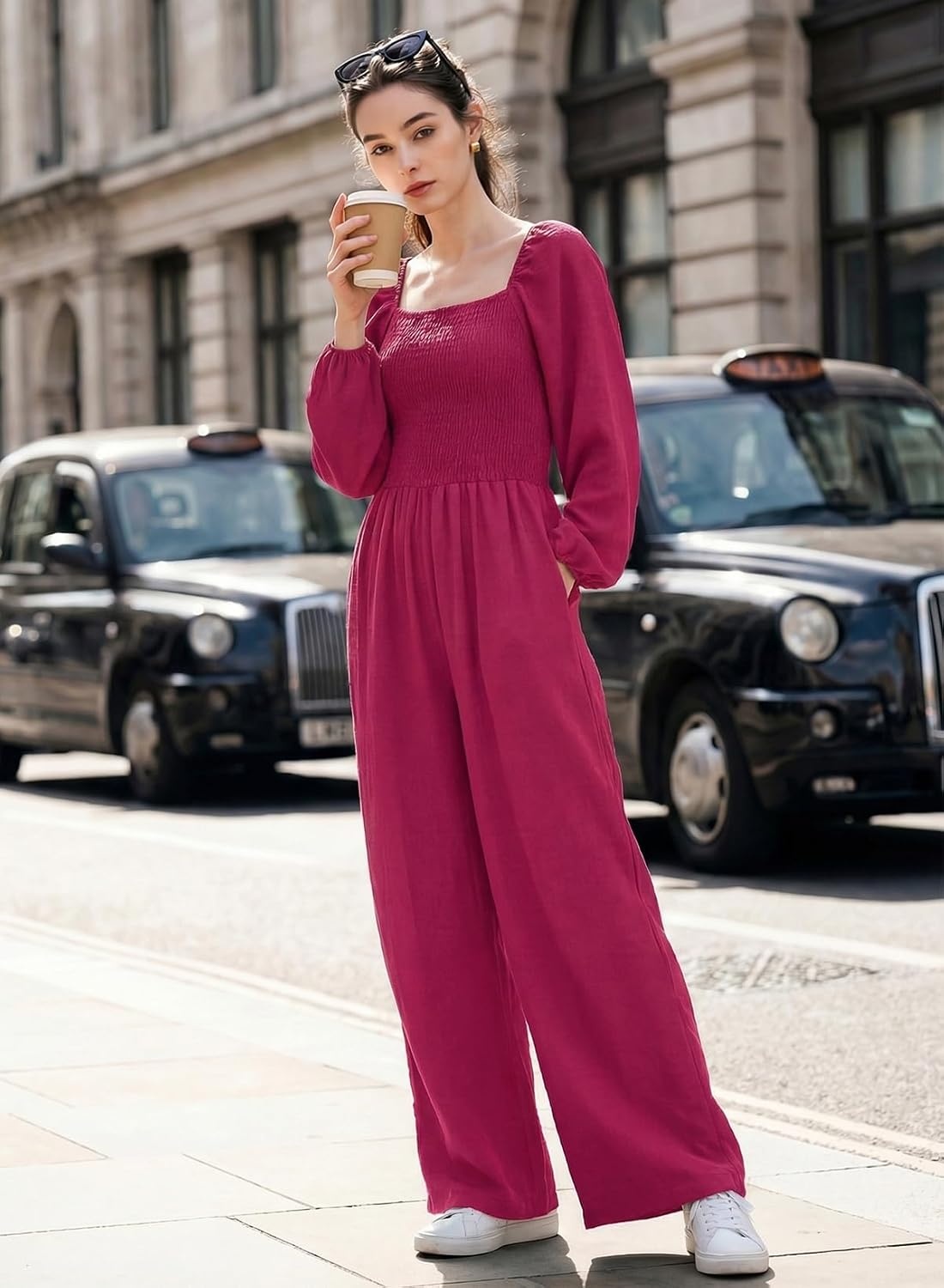 image:imageDokotoo Womens Jumpsuits One Piece Long Sleeve Wide Leg Long Pant RompersStrawberry Pink