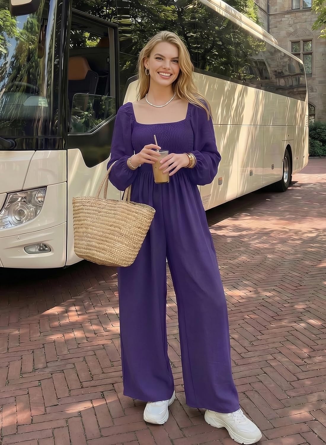 image:imageDokotoo Womens Jumpsuits One Piece Long Sleeve Wide Leg Long Pant RompersTillandsia Purple