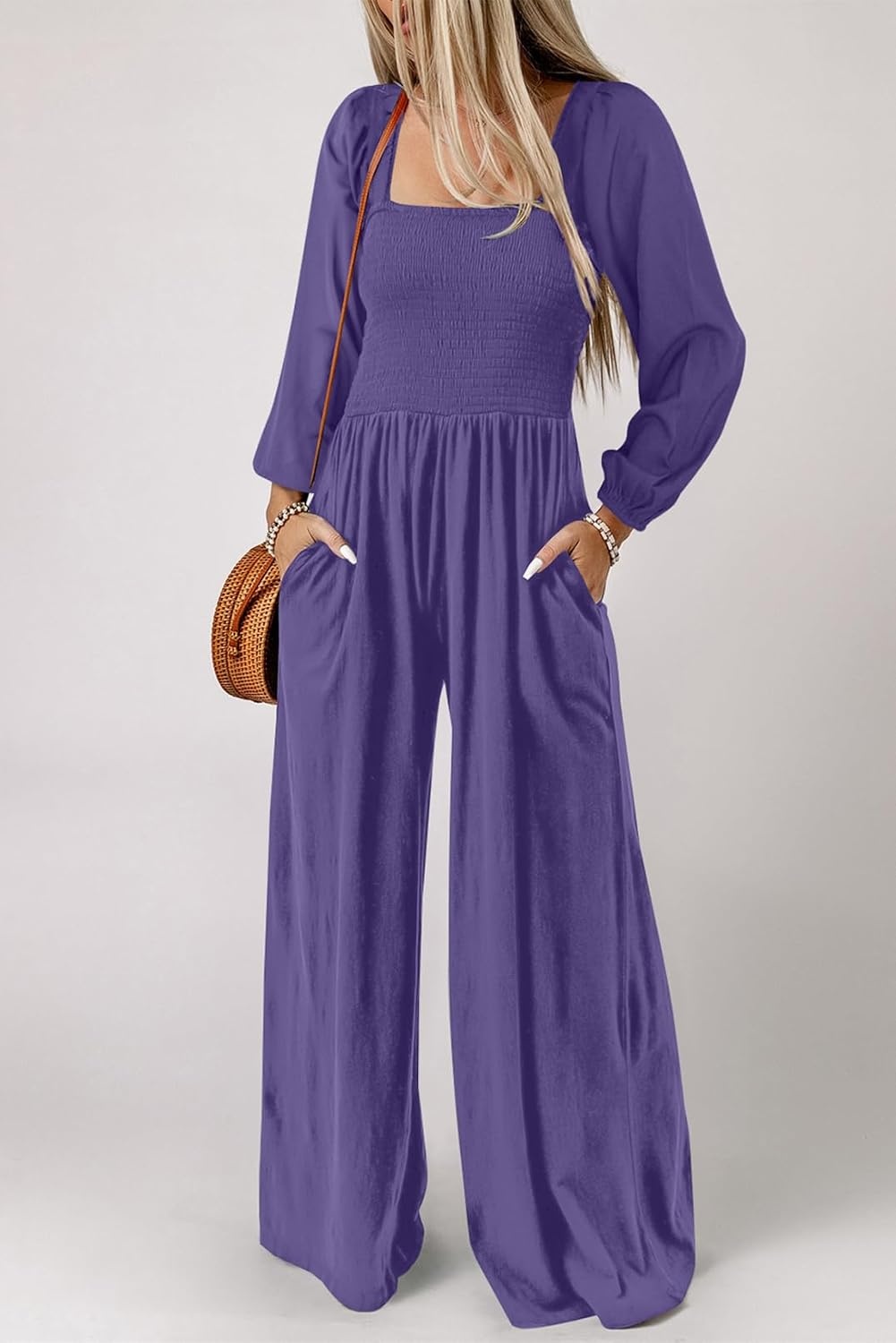 image:imageDokotoo Womens Jumpsuits One Piece Long Sleeve Wide Leg Long Pant RompersTillandsia Purple